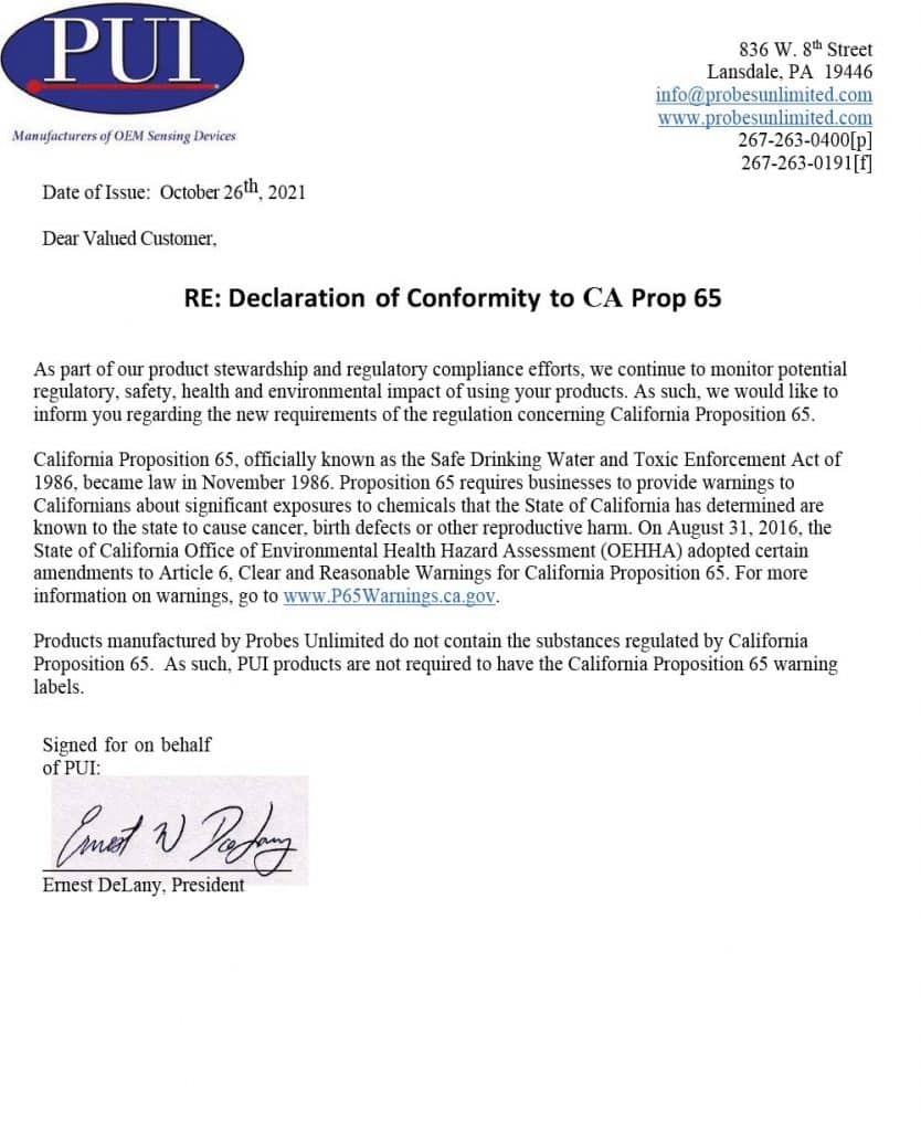 Declaration of Conformity to CA Prop 65