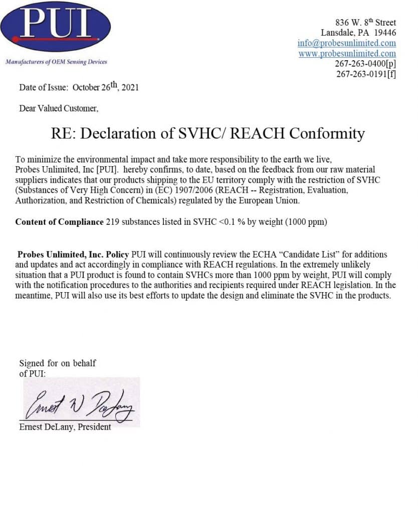 Declaration of Conformity to Reach SVHC