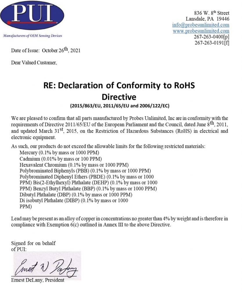 Declaration of Conformity to RoHS